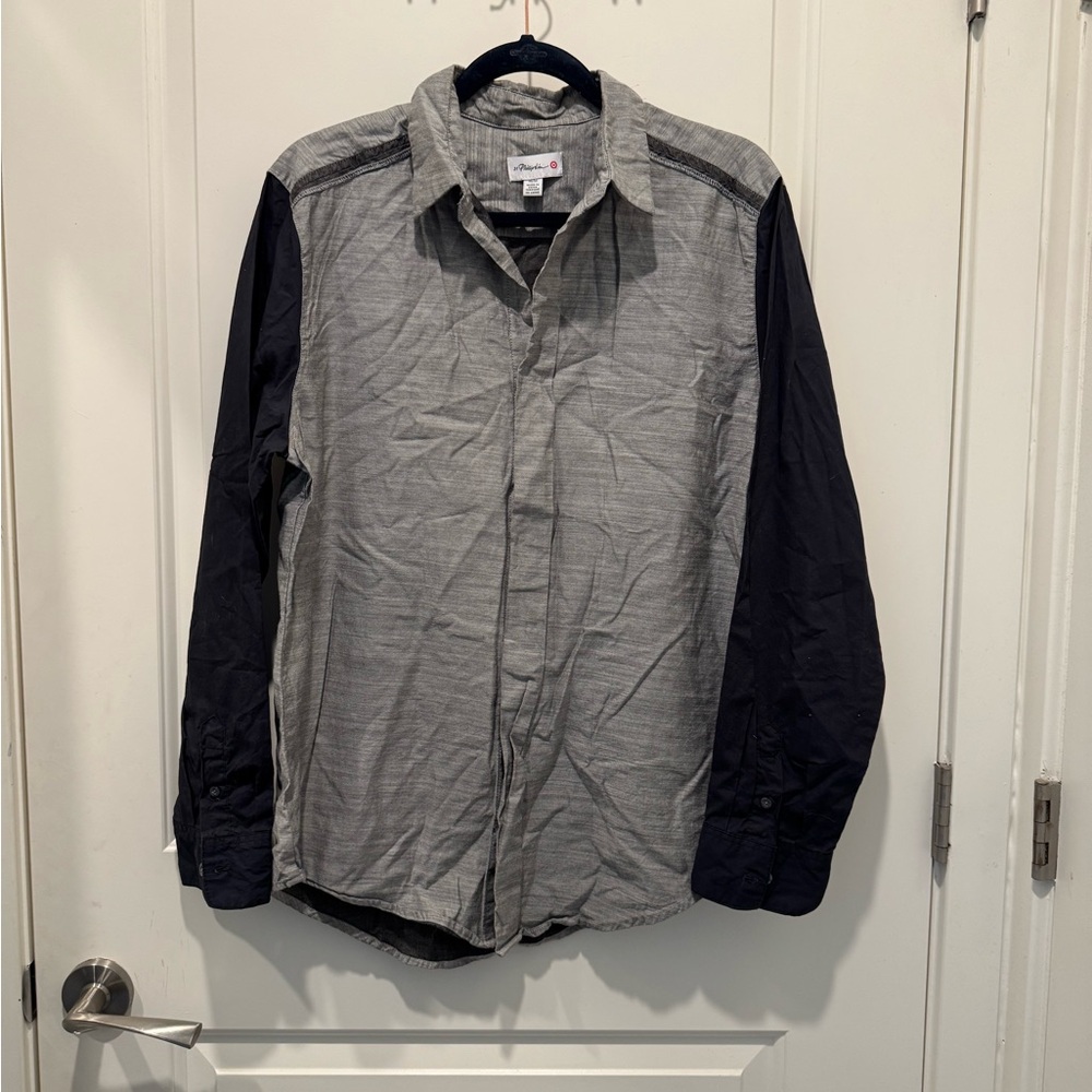 3.1 Phillip Lim Men's Gray Button Up with Navy Long Sleeve Shirt Size M